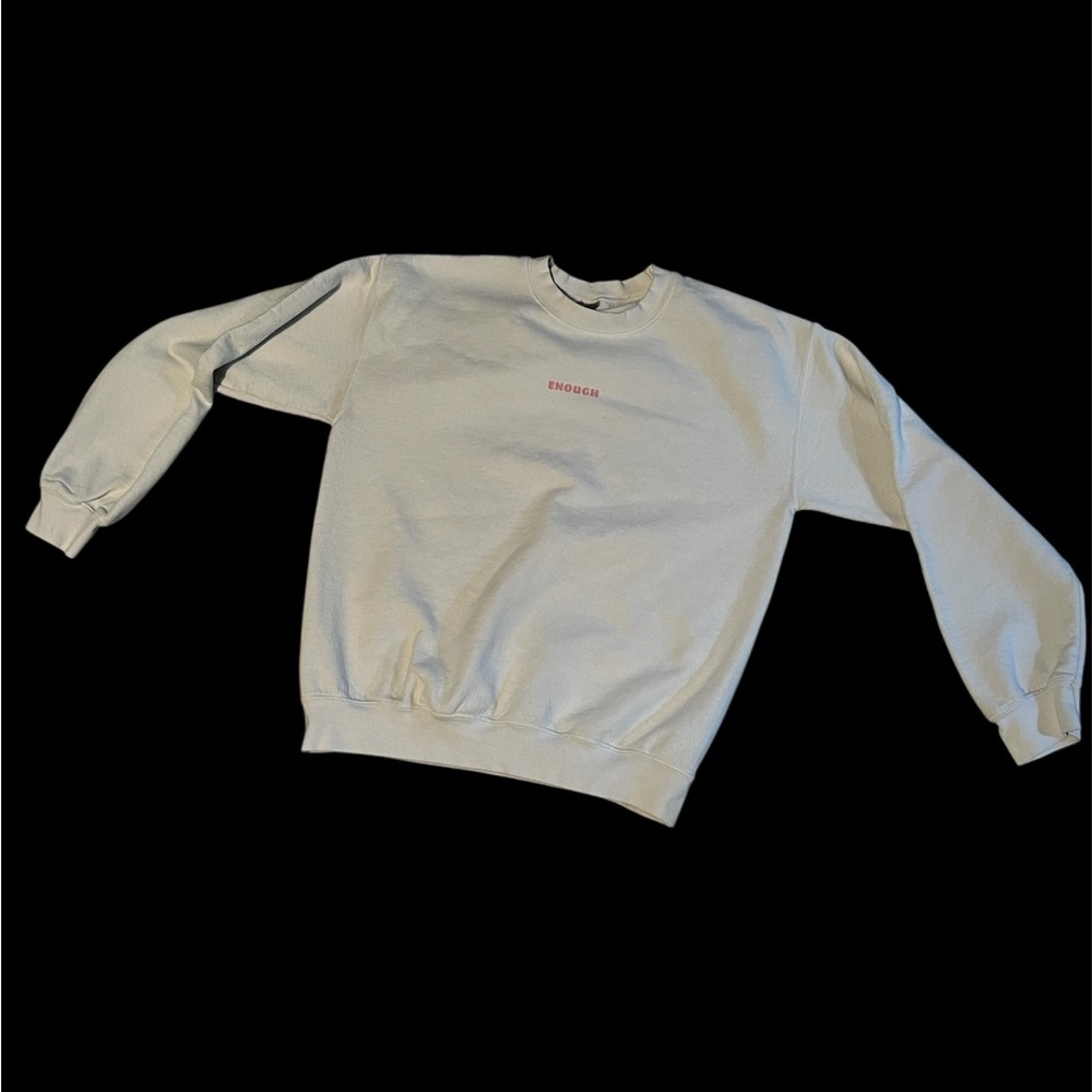White and Pink Crew Neck Sweater with Ribbed Cuffs